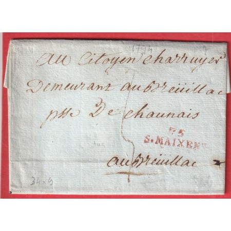 MARQUE 75 ST MAIXENT 1794 DEUX SEVRES 34X9 EN ROUGE INDICE 11 POUR BREUILLAC