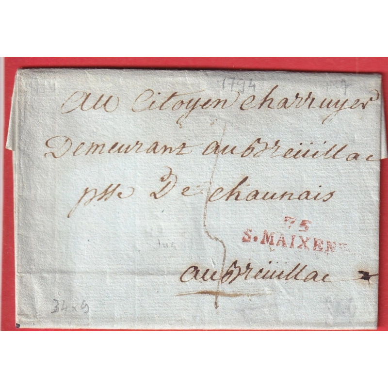MARQUE 75 ST MAIXENT 1794 DEUX SEVRES 34X9 EN ROUGE INDICE 11 POUR BREUILLAC