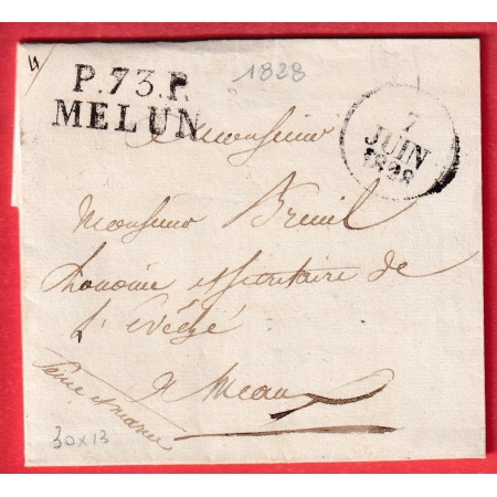 MARQUE P73P MELUN SEINE ET MARNE 1828 POUR MEAUX 30X13 INDICE 11 MARQUE BANLIEUE AU DOS