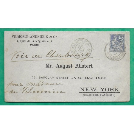 N°127 MOUCHON 25C BLEU RETOUCHE CAD DOMPIERRE LES ORMES SAONE ET LOIRE POUR NEW YORK USA ETATS UNIS PAR CHERBOURG 1904