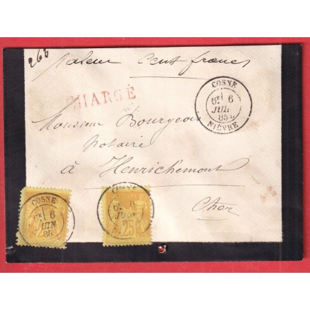 N°92 X2 COSNE NIEVRE 1885 LETTRE CHARGEE POUR HENRICHEMONT CHER
