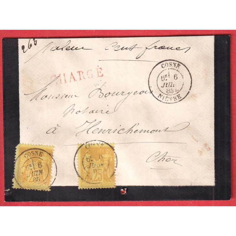 N°92 X2 COSNE NIEVRE 1885 LETTRE CHARGEE POUR HENRICHEMONT CHER