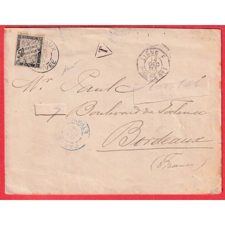 LETTRE MARITIME LIGNE F PAQUEBOT FR N°1 TAXE 50C NOIR TYPE DUVAL BORDEAUX ARRIVE SIGNE BAUDOT