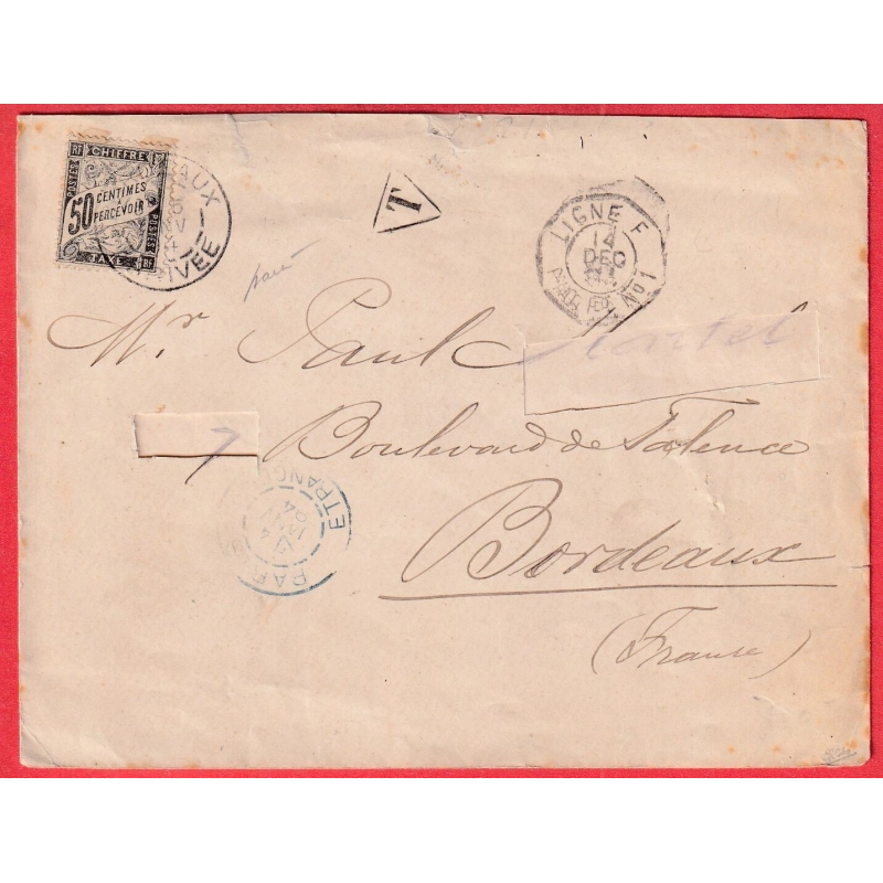 LETTRE MARITIME LIGNE F PAQUEBOT FR N°1 TAXE 50C NOIR TYPE DUVAL BORDEAUX ARRIVE SIGNE BAUDOT