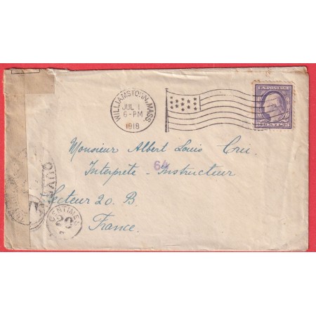 ETATS UNIS WILLIAMSTOWN MASSACHUSSETS 1918 WW2 CENSURE 8 CENSOR TAXE 20 CENTIMES