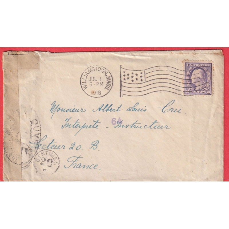 ETATS UNIS WILLIAMSTOWN MASSACHUSSETS 1918 WW2 CENSURE 8 CENSOR TAXE 20 CENTIMES