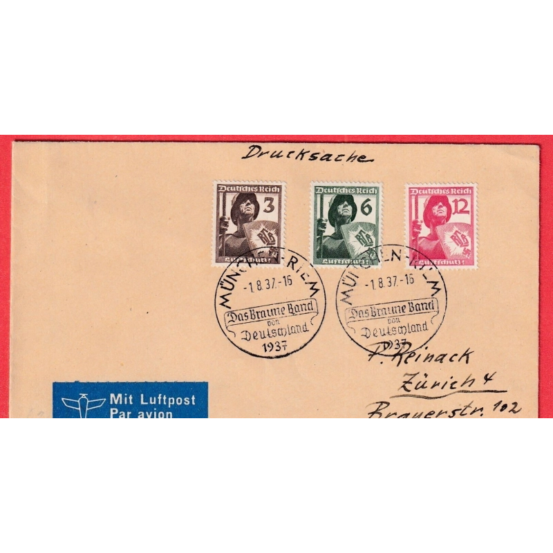 LETTRE PAR AVION ALLEMAGNE MUNCHEN DEUTSCHES REICH GERMANY 1937 ZURICH SUISSE