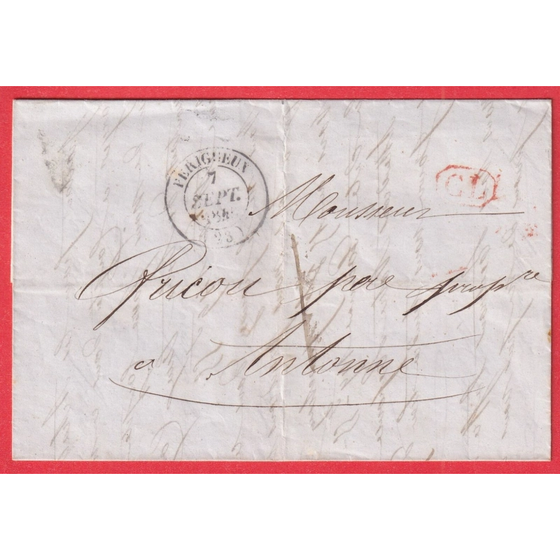 CAD TYPE 14 PERIGUEUX DORDOGNE TAXE LOCALE 1 CL EN ROUGE POUR ANTONNE 1846