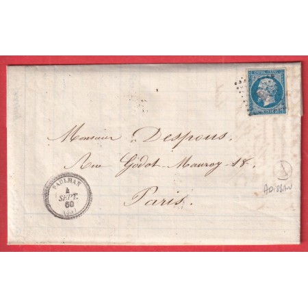 N°14 PC 2391 PAULHAN HERAULT CAD TYPE 22 BOITE RURALE A ADISSAN POUR PARIS INDICE 13