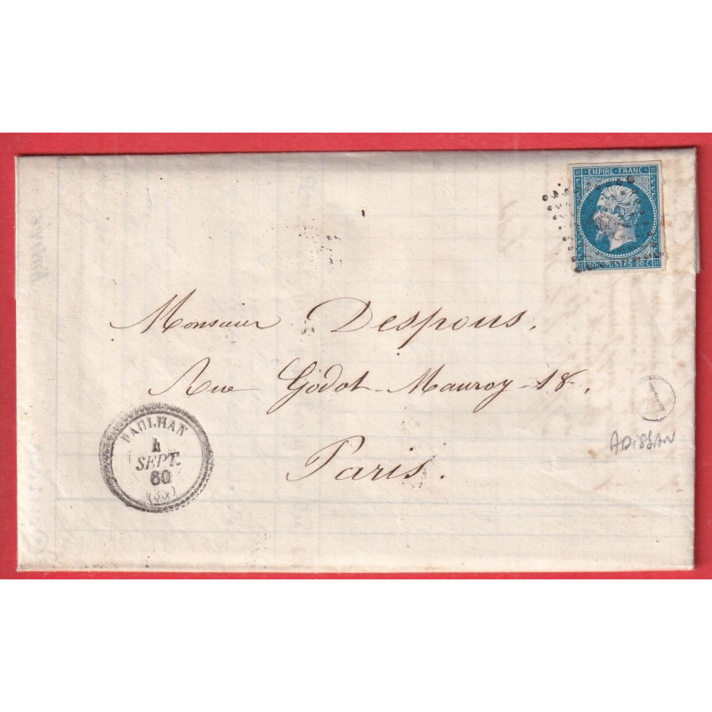 N°14 PC 2391 PAULHAN HERAULT CAD TYPE 22 BOITE RURALE A ADISSAN POUR PARIS INDICE 13
