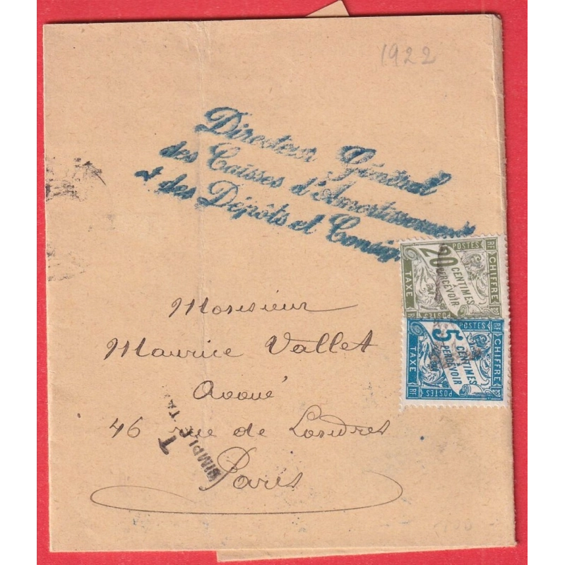 FRANCHISE TAXE 25C DUVAL 20+5C PARIS 1922 DIRECTEUR GENERAL CAISSE AMORTISSEMENT DEPOTS CONSIGNATION SIMPLE TAXE