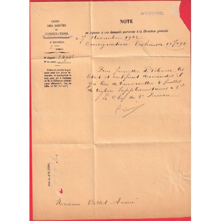 FRANCHISE TAXE 25C DUVAL 20+5C PARIS 1922 DIRECTEUR GENERAL CAISSE AMORTISSEMENT DEPOTS CONSIGNATION SIMPLE TAXE