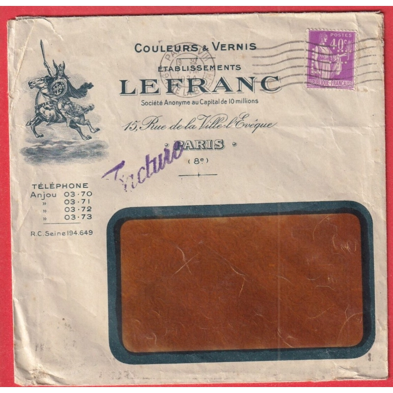 ENVELOPPE ILLUSTREE N°281 PERFORE LF LEFRANC PARIS 1934 VANNES MORBIHAN PUB ENCRE DE CHINE AU DOS
