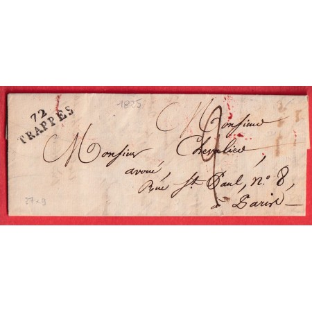 MARQUE 72 TRAPPES SEINE ET OISE 1825 POUR PARIS 27X9 INDICE 12