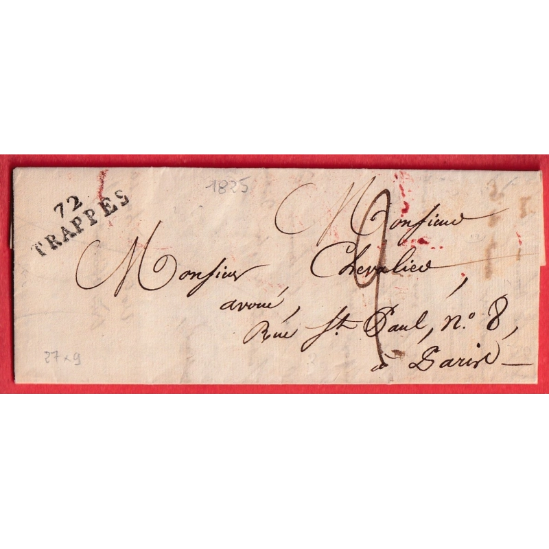 MARQUE 72 TRAPPES SEINE ET OISE 1825 POUR PARIS 27X9 INDICE 12