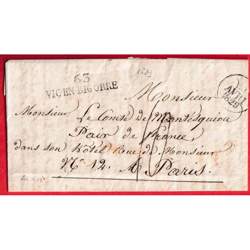 MARQUE 63 VIC EN BIGORRE 1829 44X11 INDICE 9 POUR PARIS