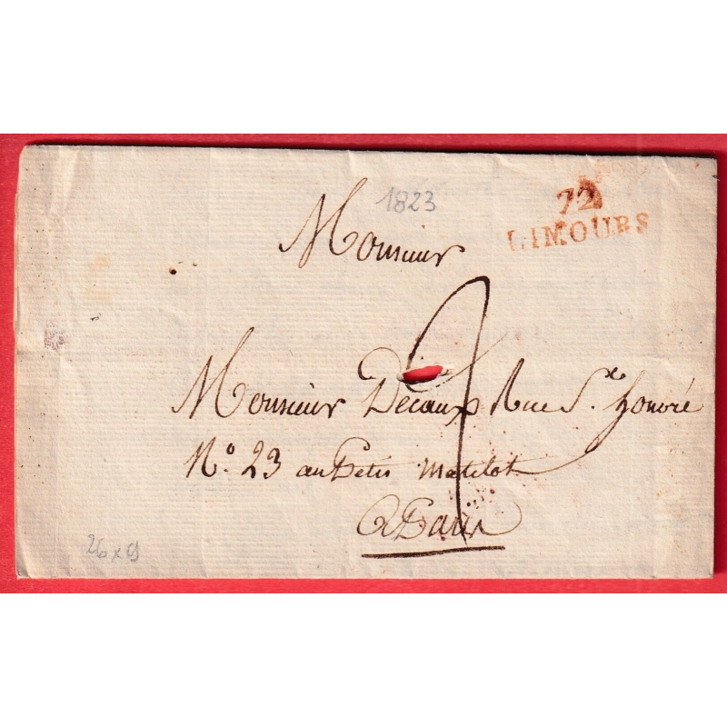 MARQUE 72 LIMOURS EN ROUGE SEINE ET OISE 1823 POUR PARIS INDICE 15