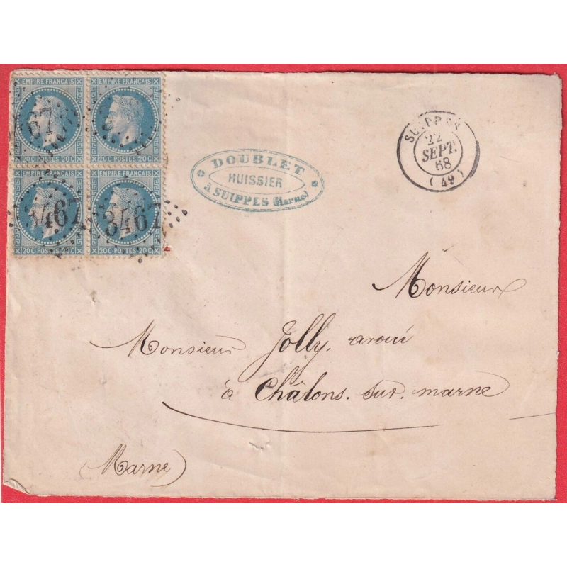 N°29 BLOC DE 4 GC 3467 SUIPPES MARNE POUR CHALONS SUR MARNE DEVANT DE LETTRE FRONT COVER