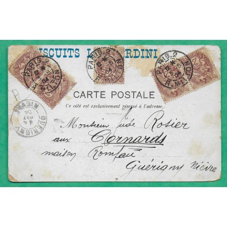 N°108 x5 BLANC TARIF 10C CARTE POSTALE PUB BISCUITS LOMBARDINI PARIS RUE MILTON POUR GUERIGNY NIEVRE 1904 COVER FRANCE