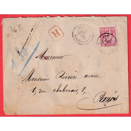 N°71 SEUL SUR LETTRE RECOMMANDEE PAU BASSES PYRENEES POUR PARIS