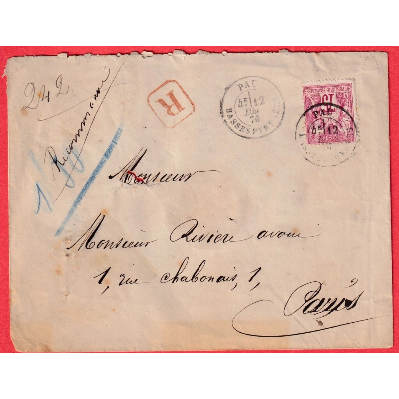 N°71 SEUL SUR LETTRE RECOMMANDEE PAU BASSES PYRENEES POUR PARIS