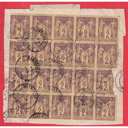 N°85 BLOC DE 20 SUR FRAGMENT DE LETTRE DE MARVEJOLS LOZERE UN TIMBRE DEFECTUEUX