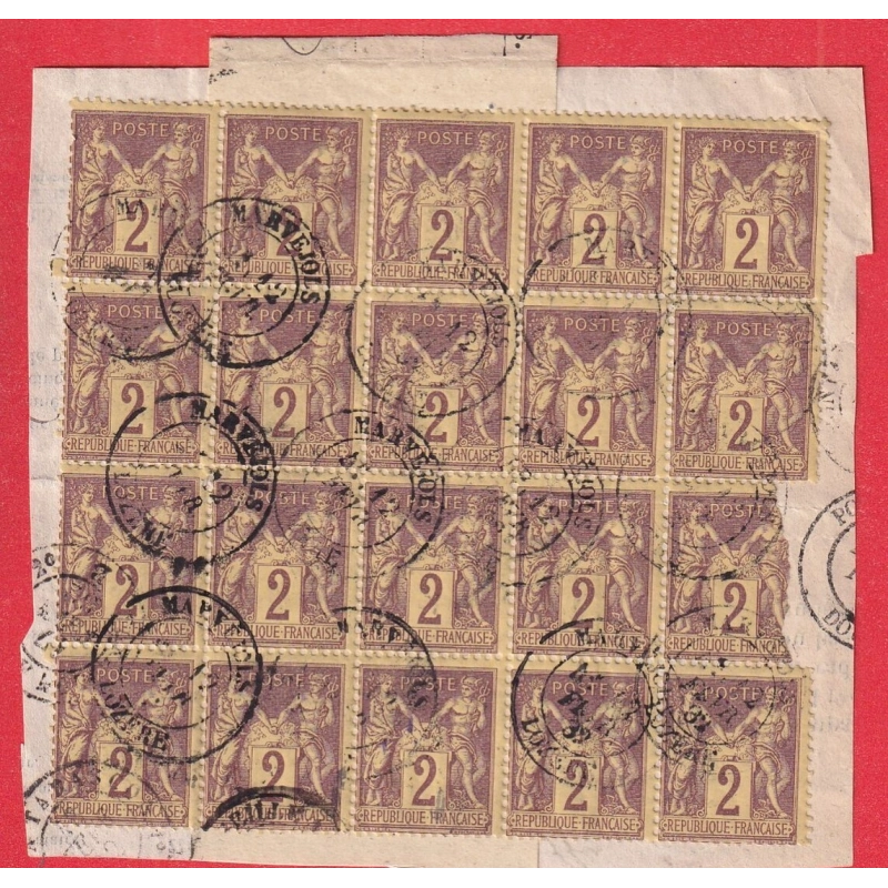 N°85 BLOC DE 20 SUR FRAGMENT DE LETTRE DE MARVEJOLS LOZERE UN TIMBRE DEFECTUEUX