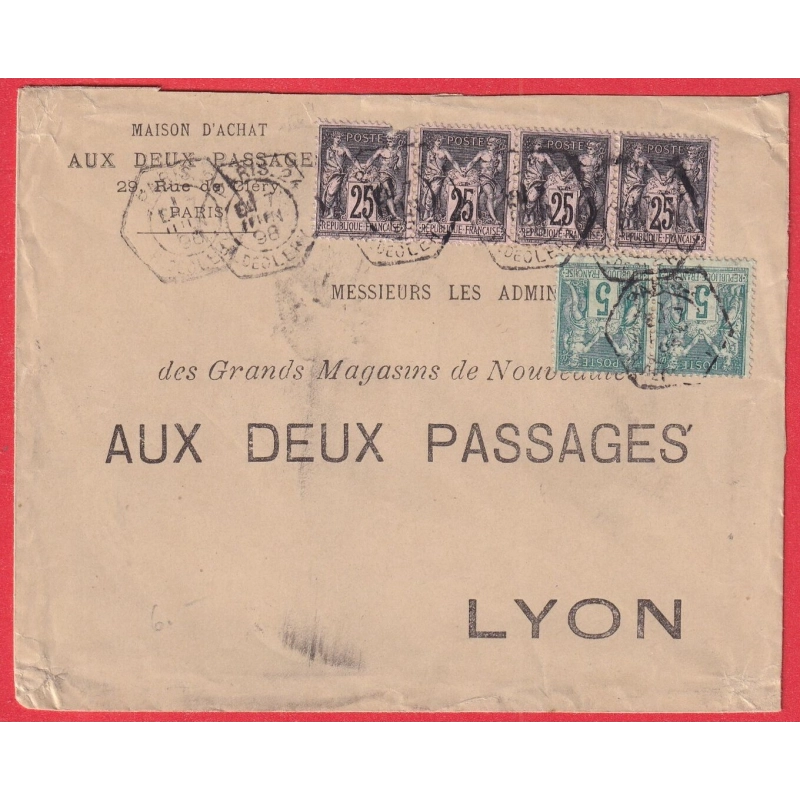 N°97 BANDE DE 4 75 PAIRE LEVEE EXCEPTIONNELLE E1 PARIS R DE CLERY TARIF 1FR10 7EME ECHELON DE POIDS POUR LYON 1898