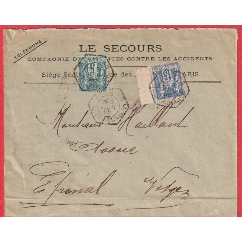 N°75 90 BDF LEVEE EXCEPTIONNELLE PARIS 49 R MARSOLLIER 3E LEVEE POUR EPINAL VOSGES
