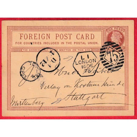 ENTIER ONE PENNY FOREIGN POST CARD LEVEE EXCEPTIONNELLE LONDON KILLER 75 STUTTGART ALLEMAGNE 1878