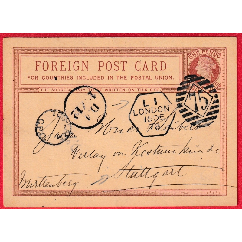 ENTIER ONE PENNY FOREIGN POST CARD LEVEE EXCEPTIONNELLE LONDON KILLER 75 STUTTGART ALLEMAGNE 1878