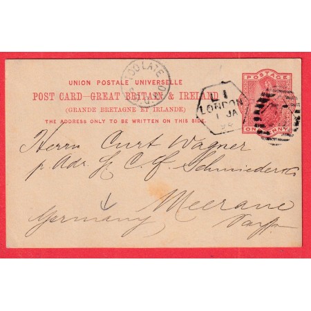 ENTIER ONE PENNY LEVEE EXCEPTIONNELLE LONDON LONDRES 1894 CAD TOO LATE E.B.G.P.O MEEREANE ALLEMAGNE