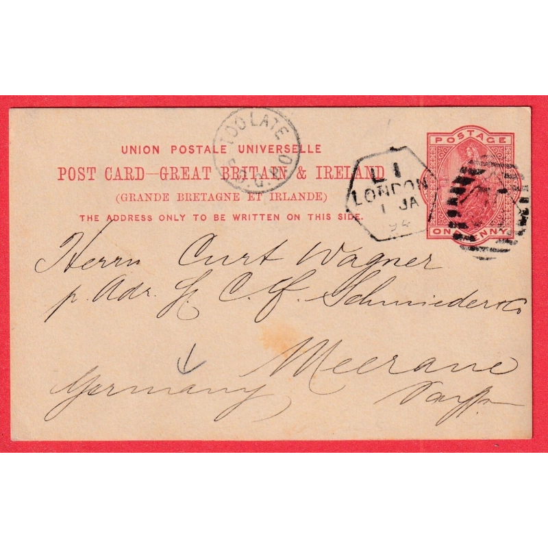 ENTIER ONE PENNY LEVEE EXCEPTIONNELLE LONDON LONDRES 1894 CAD TOO LATE E.B.G.P.O MEEREANE ALLEMAGNE