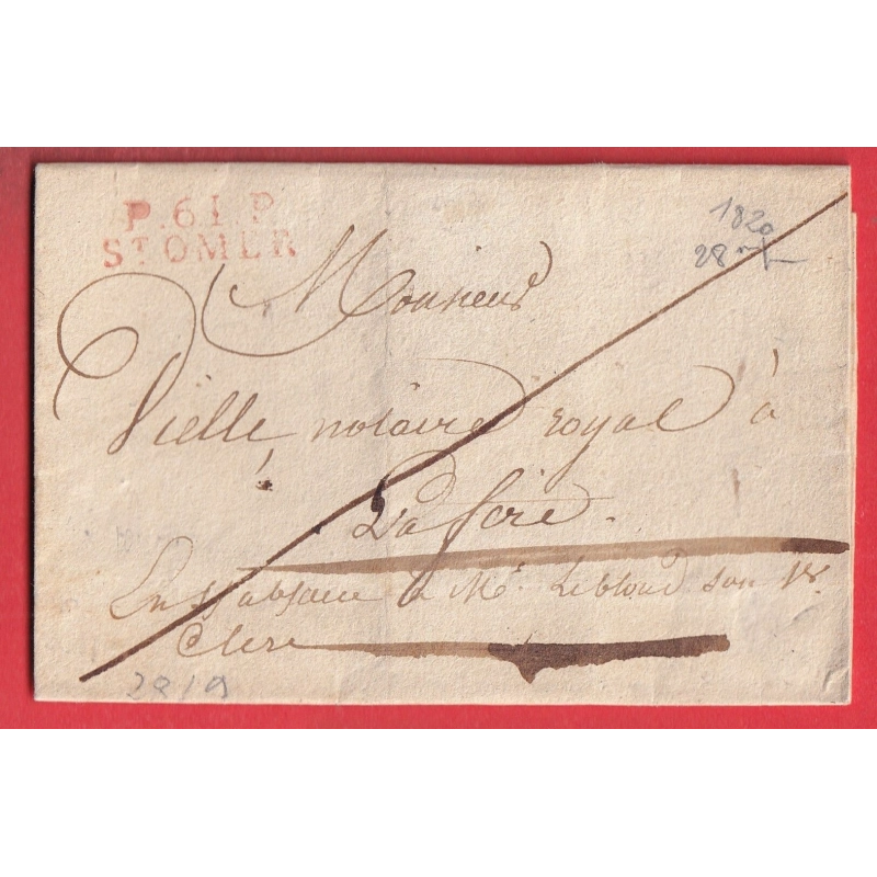 MARQUE P61P ST OMER PAS DE CALAIS 28X9 EN ROUGE POUR LA FERE AISNE 1820 INDICE 9