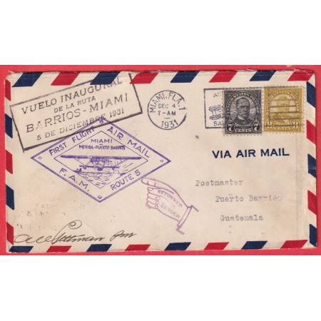 1ER VOL FIRST FLIGHT MIAMI MERIDA PUERTO BARRIOS GUATEMALA USA ETATS UNIS 1931