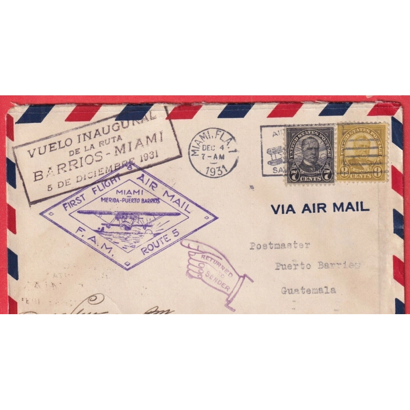 1ER VOL FIRST FLIGHT MIAMI MERIDA PUERTO BARRIOS GUATEMALA USA ETATS UNIS 1931