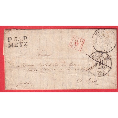 MARQUE P55P METZ MOSELLE + CAD TYPE 12 25 PUIS 26 AVRIL 1830 PRECURSEUR APRES LE DEPART PORT VERIFIE BREST FINISTERE