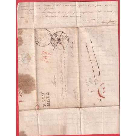 MARQUE P55P METZ MOSELLE + CAD TYPE 12 25 PUIS 26 AVRIL 1830 PRECURSEUR APRES LE DEPART PORT VERIFIE BREST FINISTERE