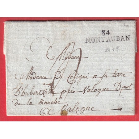 MARQUE 34 MONTAUBAN DE BRETAGNE ILLE ET VILAINE 1801 POUR VALOGNE MANCHE INDICE 13