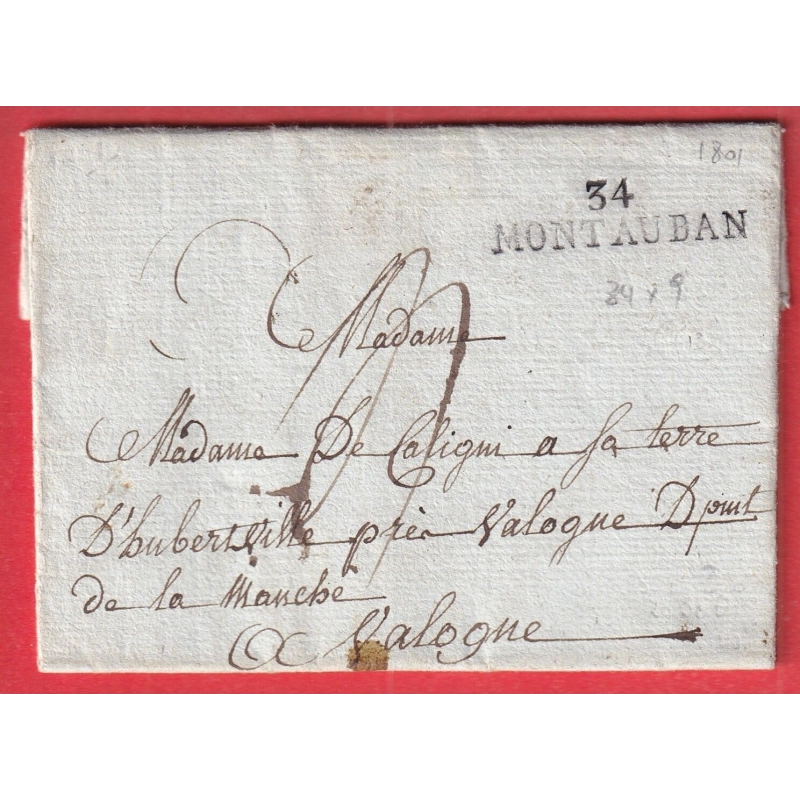 MARQUE 34 MONTAUBAN DE BRETAGNE ILLE ET VILAINE 1801 POUR VALOGNE MANCHE INDICE 13