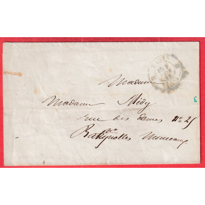 CAD PARIS TAXE 15C BUREAU B POTHION 2529 POUR LES BATIGNOLLES 1859 RECETTES REUNIES