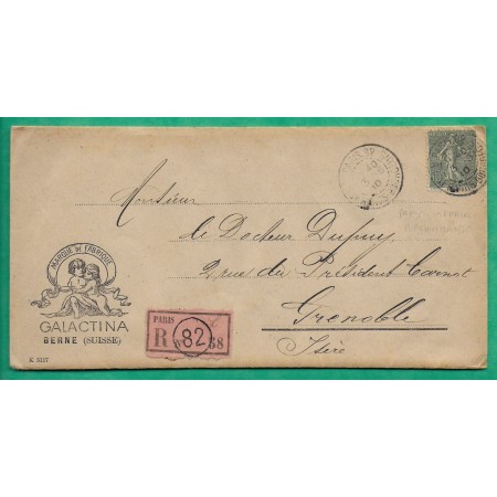 N°130 SEMEUSE RECOMMANDE PAPIERS D'AFFAIRES ROSE ENVELOPPE PUB GALACTINA FARINE LACTEE SUISSE BERNE POUR GRENOBLE 1910