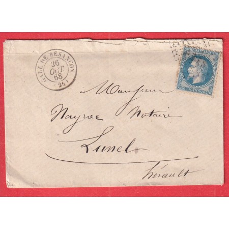 N°29 CAD GARE DE BESANCON LOSANGE AMBULANT PBES PARIS BESANCON 1868 LUNEL HERAULT