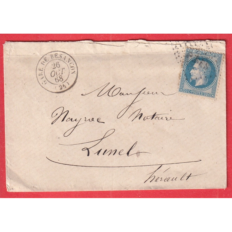 N°29 CAD GARE DE BESANCON LOSANGE AMBULANT PBES PARIS BESANCON 1868 LUNEL HERAULT