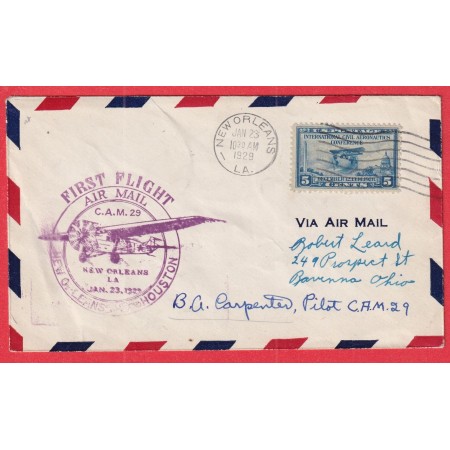 1ER VOL FIRST FLIGHT NEW ORLEANS HOUSTON 1929 SIGNATURE DU PILOTE BG CARPENTER USA ETATS UNIS
