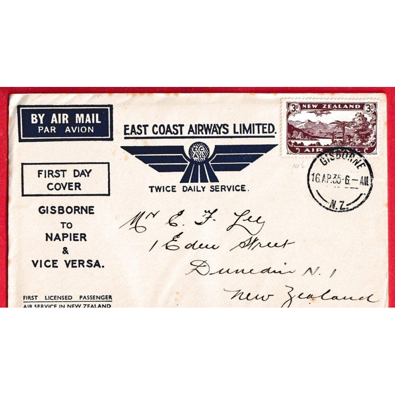 1ER VOL FIRST FLIGHT GISBORNE NAPIER NEW ZEALAND NOUVELLE ZELANDE 1935