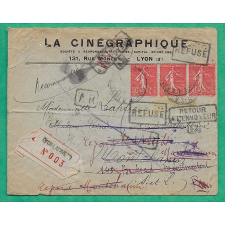 N°199 x3 SEMEUSE TARIF 1F50 RECOMMANDE LYON LAFAYETTE ENVELOPPE PUB LA CINEGRAPHIQUE REFUSE RETOUR ENVOYEUR REEXP 1928