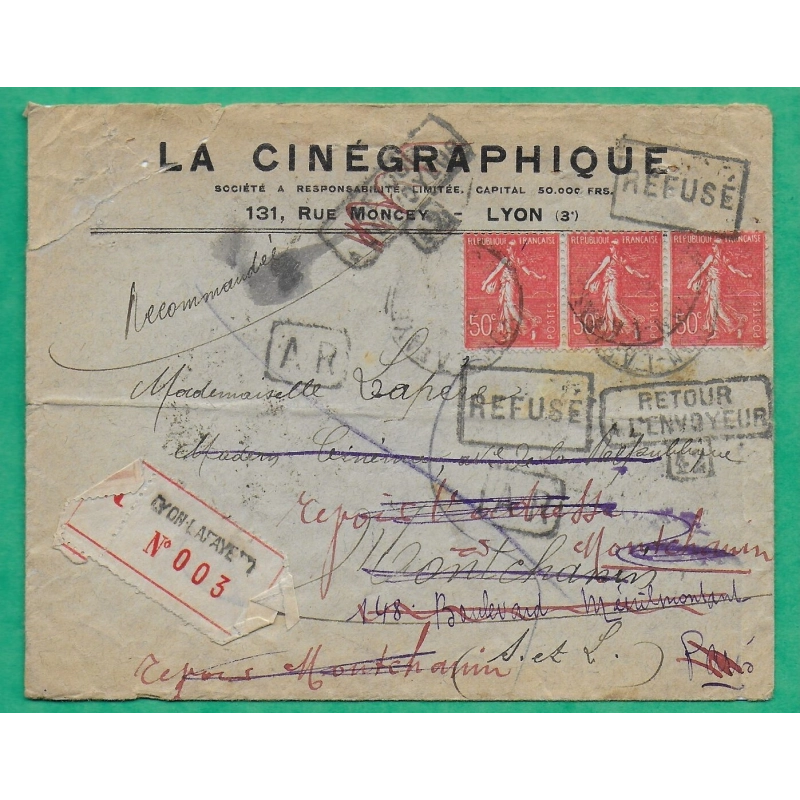 N°199 x3 SEMEUSE TARIF 1F50 RECOMMANDE LYON LAFAYETTE ENVELOPPE PUB LA CINEGRAPHIQUE REFUSE RETOUR ENVOYEUR REEXP 1928