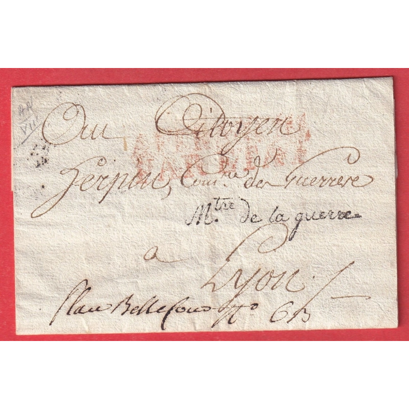 FRANCHISE MINISTRE DE LA GUERRE PARIS 1800 AN8 POUR LYON RHONE