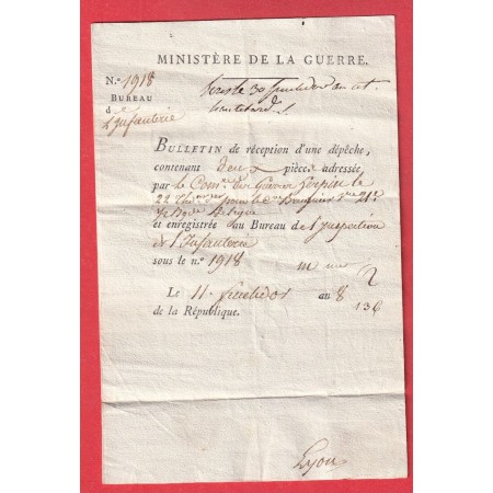 FRANCHISE MINISTRE DE LA GUERRE PARIS 1800 AN8 POUR LYON RHONE
